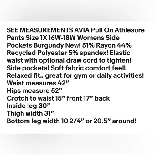 Avia  Pull On Athlesure Pants Size 1X 16W-18W Womens Side Pockets Burgundy New