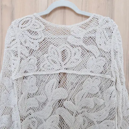 Womens Lace Crochet Cardigan Sz S Cream Floral Cottage Boho Shabby Chic Coquette