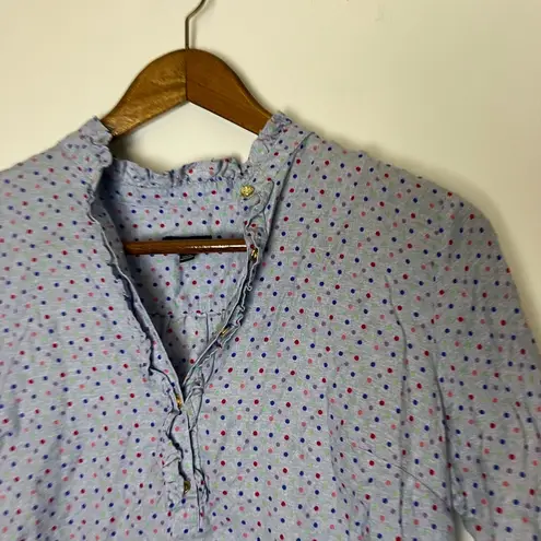 Talbots  Blue Polka Dot Ruffle Trim Popover Long Sleeve Shirt