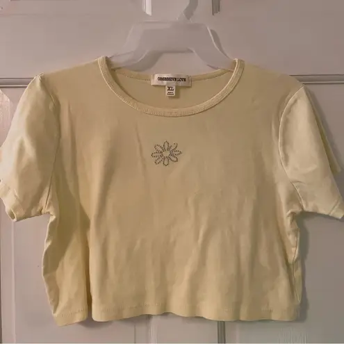 Obsessive Love Yellow Rhinestone Daisy Short Sleeve Crop Top
