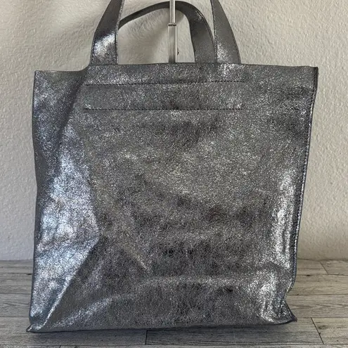 Furla Metallic Silver Leather Tote Bag EUC