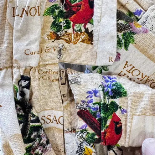 Vintage Handmade Skirt State Birds Print Tiered Ruffles Lace OOAK Whimsical Boho Size M