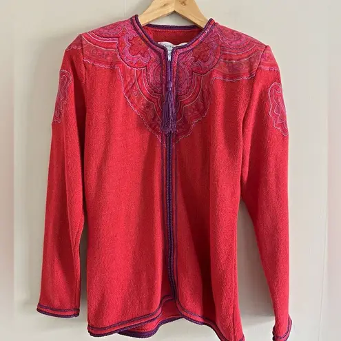 Vintage UMI Collections Anne Crimmins Embroidered Red Zip Cardigan M Boho Artsy Size M