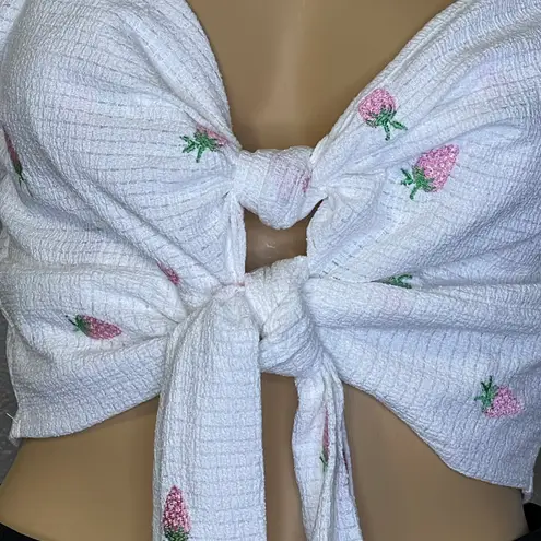Love & Piece Strawberry Printed 5/8 Sleeve Waist Tie Crop Top White Pink Large