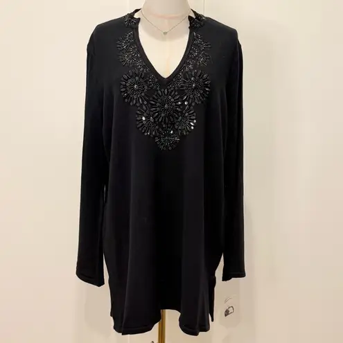 Inc international INC Tunic Sweater 1X Black Beaded V Neck Embellished Chic Classic Holiday Party