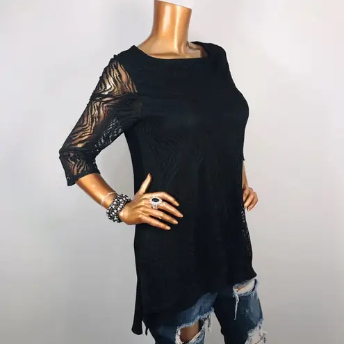 Chico's Chico’s Travelers Collection Stretch Black Lace 3/4 Slvs Tunic Size Small (0)