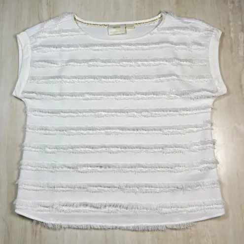 Maeve Anthropologie White Fringe Textured Short Sleeve Top Size 6