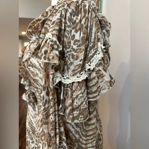 Spell & The Gypsy Leopard Print button detail ruffledAda Gown Size XSmall Boho Tan