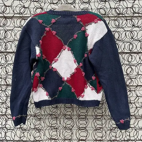 Vintage 90s argyle floral band orchestra instrument cardigan sweater small Blue