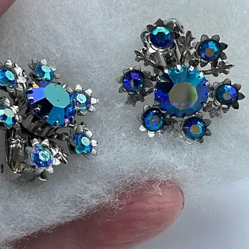 Vintage Blue  AB and silver clip earrings