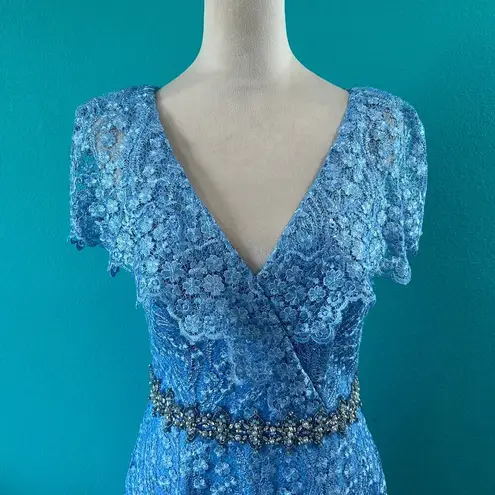 Mac Duggal NWT Blue Lace Ruffled Rhinestone Waist Maxi Gown Formal Prom Size 4
