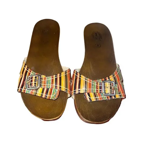 Dr. Scholls Vintage  Multicolored Leather Strap Wooden Clogs Slip On Sandals 8