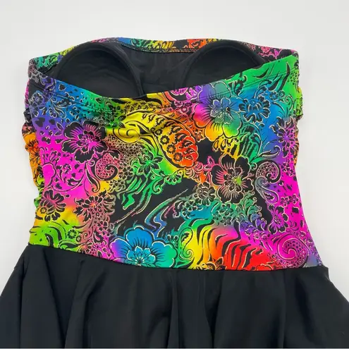 Vintage 80s Swimsuit Strapless Rainbow Lisa Frank Style Floral Black Skirt Women