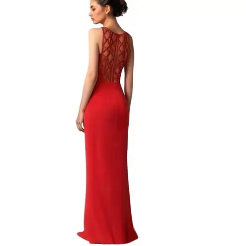 Andretta Donatello Red Gown XS Slit Mesh Beaded Detail Drama Glam Prom Pageant