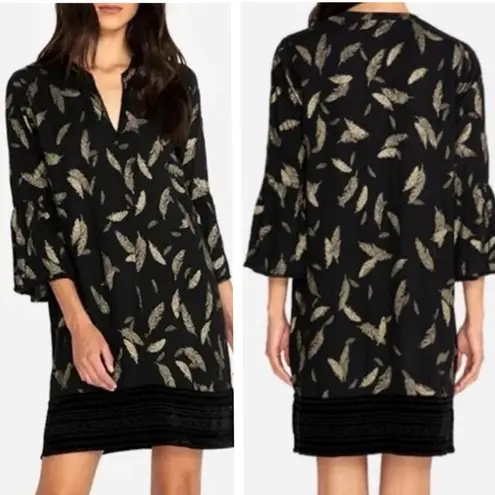 Johnny Was Silk-Blend Dress with gold feather print w/ velvet bottom NWT