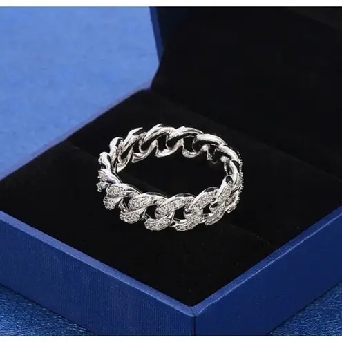 Boutique 8mm Iced White Gold‎ Plated Sterling Cuban Chain Ring, Adjustable