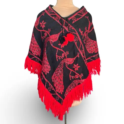 Vintage Black Red Peacock Fringe Shawl Poncho Boho Statement Holiday Topper Size M