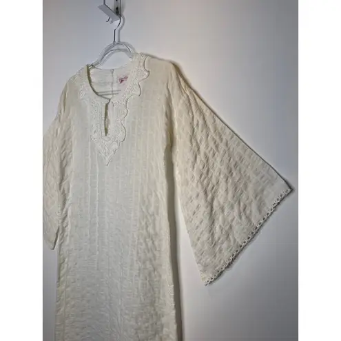 American Vintage 1970s Evelyn Pearson Embroidered Muslin Boho Dress with Bell Sleeves small
