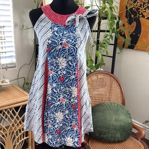 Miss Monique Red, White & Blue Floral Fish Print Mini Dress Tunic Top Skirt Set Size M