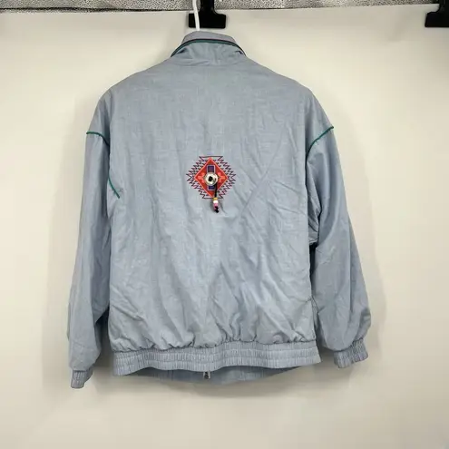 Womens Vintage Zip Bomber Jacket S Blue Painted Southwest Detail Aztec Pockets