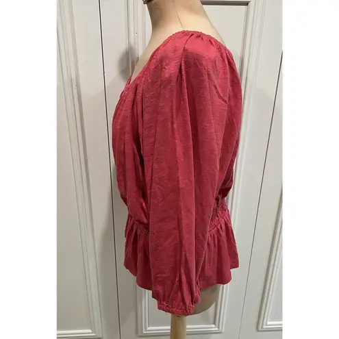 Marine layer Christiana Knit Long Sleeve Shirred Cotton Top Berry Peplum Peasant