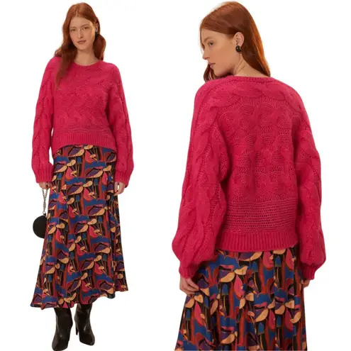 Farm Rio Maxi Cable Knit Sweater Pullover Women's Medium Pink Chunky Comfy NWOT