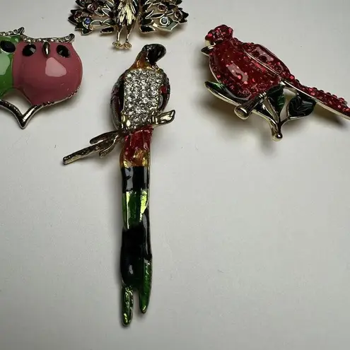 Rhinestone Parrot, Cardinal, Peacock, Owls Brooch Pin Lot Of 4 Gold Tone