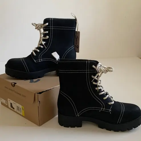 Seven7 Combat Boots Jodi Black Faux Leather Lace Up Contrast Stitching Size 10