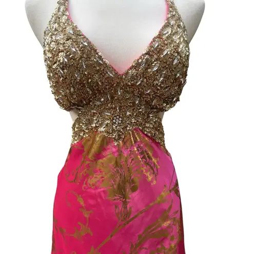 Mac Duggal Cassandra Stone Prom Dress Gown Hot Pink Gold Beaded Metallic Formal