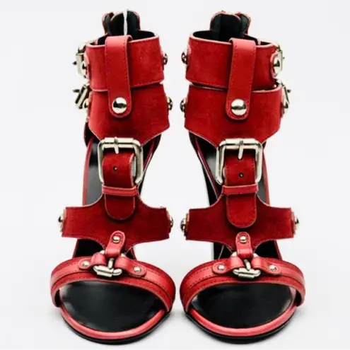 Balmain Giuseppe Zanotti For Red Suede Buckle Strappy Sandals Size 38
