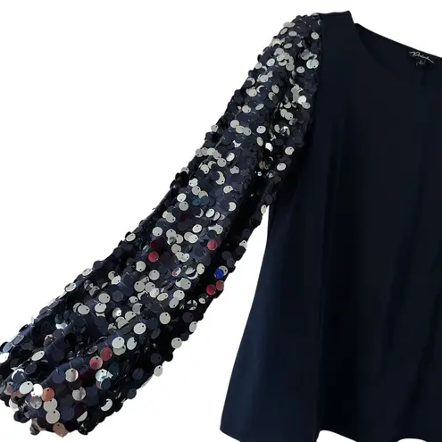 Prelude Navy Sequin Sleeve Top Women's M Statement Party Blouse Glam Aesthetic Blue Size M