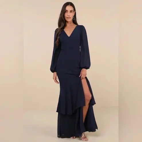Lulus Tier Elegance Navy Long Sleeve Tiered Maxi Dress Size 2X Blue