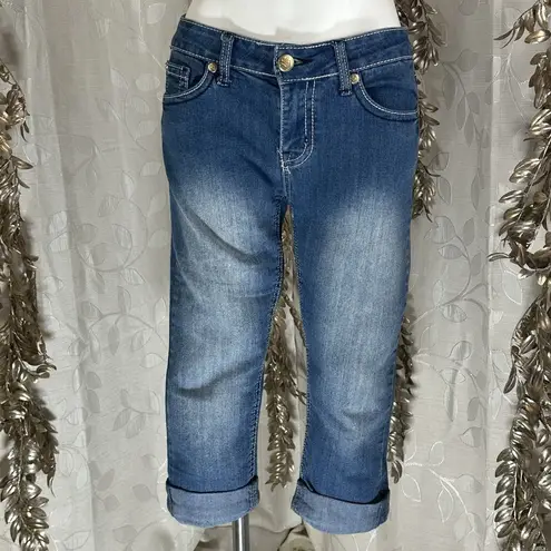 Love Indigo Jean Women's Size 6 Cuffed Capri Stretch Denim Bling Embroidery Pock