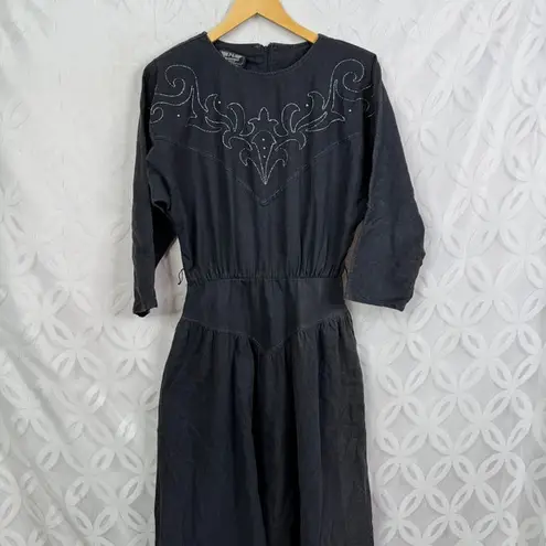 PG Collections Western Style Black Denim Dress with White Embroidery Size 10