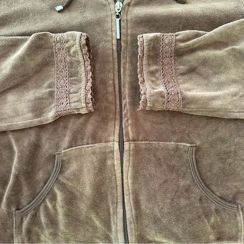 Daisy Fuentes Retro Y2K Brown Velour Zip Hoodie Lace Trim Size M