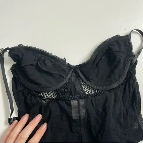 Escante Nighty Bodysuit Garter Belt Bra Underwire Sheer Mesh Netting Ruffle Belt Black Size L