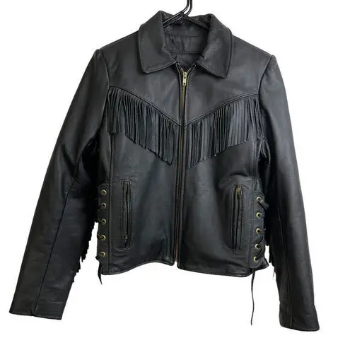 Vintage California Creations Heavy Leather Biker Jacket Womens 16 Black Fringe