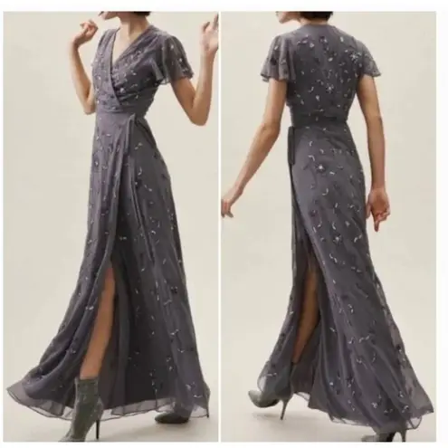 Anthropologie BHLDN  Plymouth Sequin Beaded Wrap Dress in Hydrangea Size 4