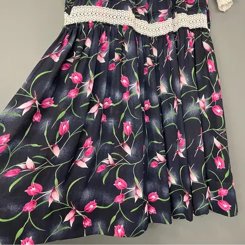 Handmade Muumuu Dress Puffed Sleeve Sheer Black Tulip Dropped Waist Lace Midi Black Size M