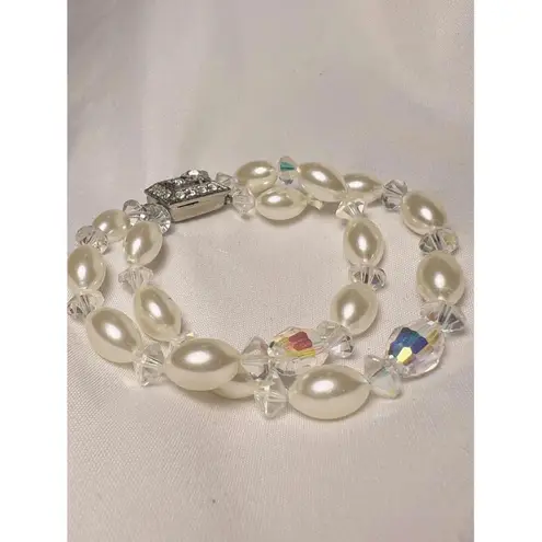 Vintage Faux Pearl AB rhinestone Oval Double Strand Coquette Clasp Bracelet