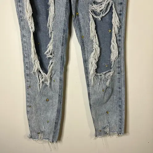 Tinseltown  Heavily Distressed Ripped Hole Denim Straight Leg Jeans Raw Hem Fray