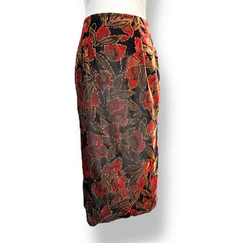 Handmade Velvet Floral Midi Skirt Black Red Brown Gold Leaf Pattern Lined Fall