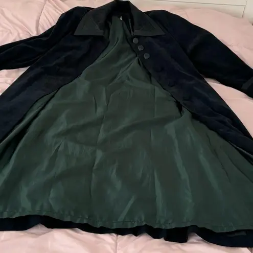 Olive green suede collared lined long trench coat with pockets size L satin trim Size L