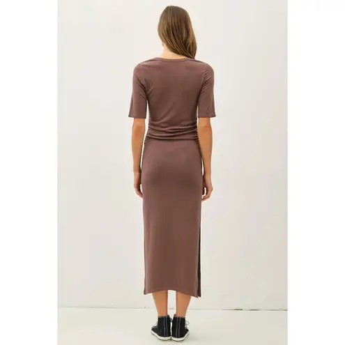 Magaschoni XS Midi Dress Ribbed T Shirt Casual Short Sleeve Brown Slit Stretch