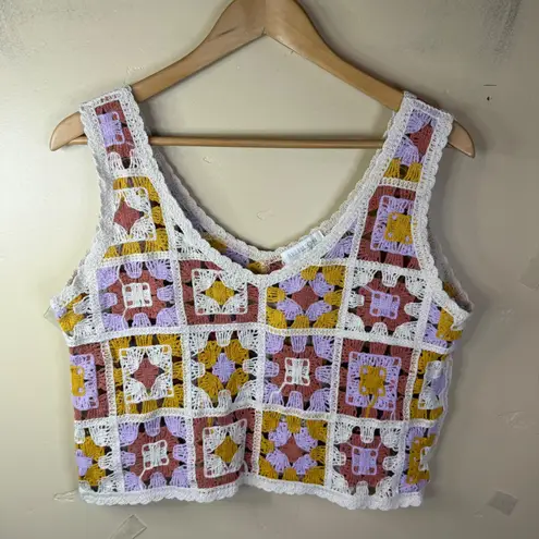 Rebellion Again Womens Crochet Top Size LG Granny Square Boho Cottagecore Hippie