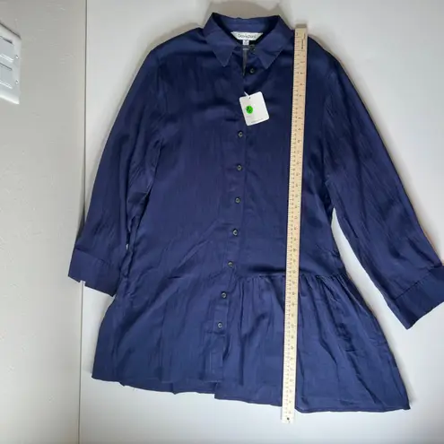 Davi & Dani NWT Button Down Tunic Top Medium Blue Peplum Hem Pockets Lagenlook