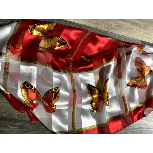 Vintage Silky Butterfly Patchwork Pashmina Layering Scarf Red Boho Grandmacore White