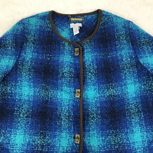 Soft Surroundings Teal Blue Plaid Long Coat Size 1X Jacket Cape Wool Boucle