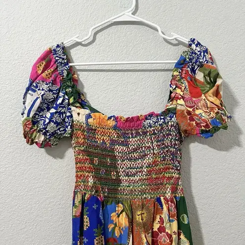 Farm Rio Sunny Mix Patchwork Smocked Midi Dress Small