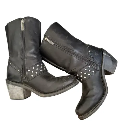 HARLEY DAVIDSON Sz 7 Macie rhinestone Studded Strap Leather Riding Boot Moto Black